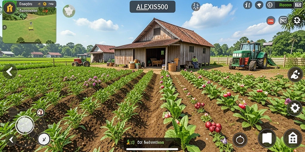Screenshot gameplay ALEXIS500 menunjukkan berbagai aktivitas pertanian yang menarik.