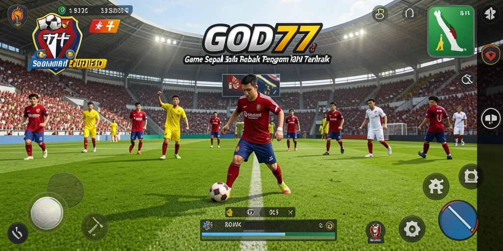 Screenshot gameplay GOD77 memperlihatkan aksi seru di lapangan sepak bola.