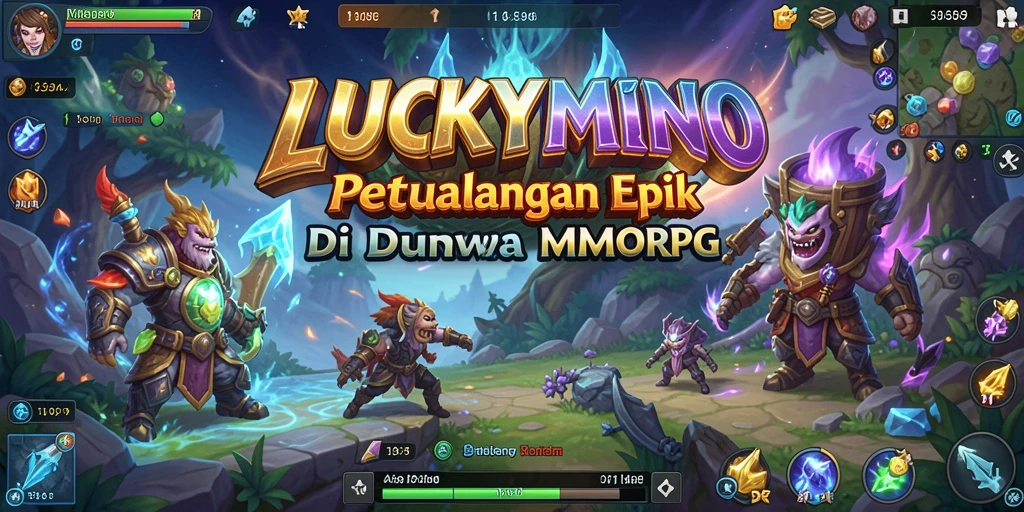 Screenshot gameplay LUCKYMINO menampilkan pertarungan seru di dunia fantasi.