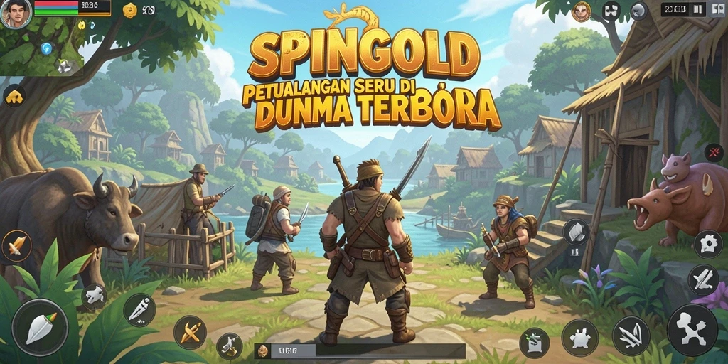 Tampilan screenshot gameplay SPINGOLD yang menunjukkan petualangan di dunia terbuka.