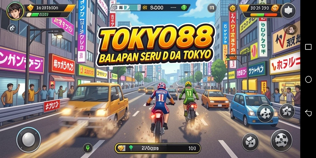 Tangkapan layar gameplay TOKYO88 dengan mobil balap di jalanan Tokyo.